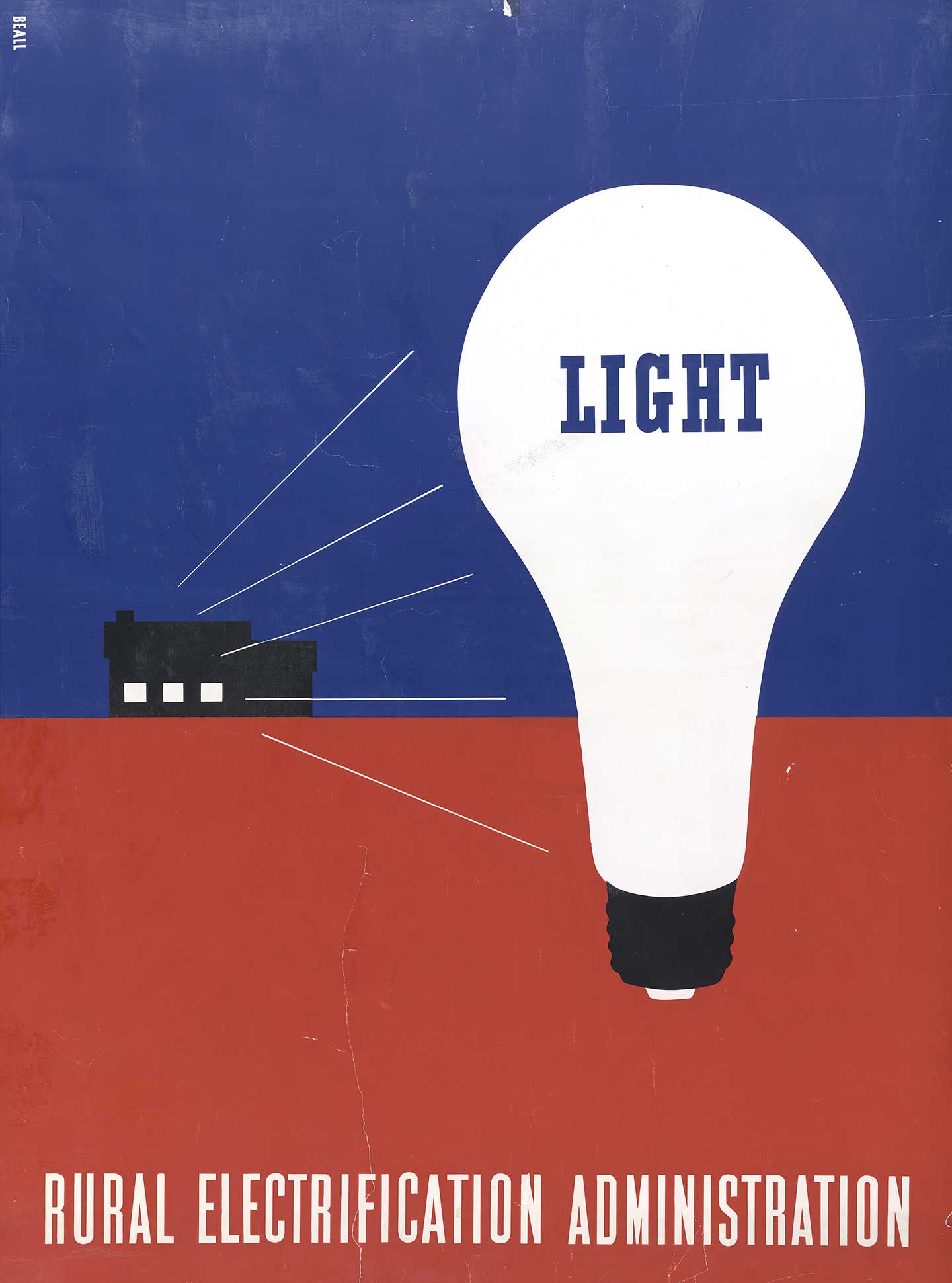 Poster shows a large, white lightbulb labeled "Light" and a farmhouse with light beaming from its windows.