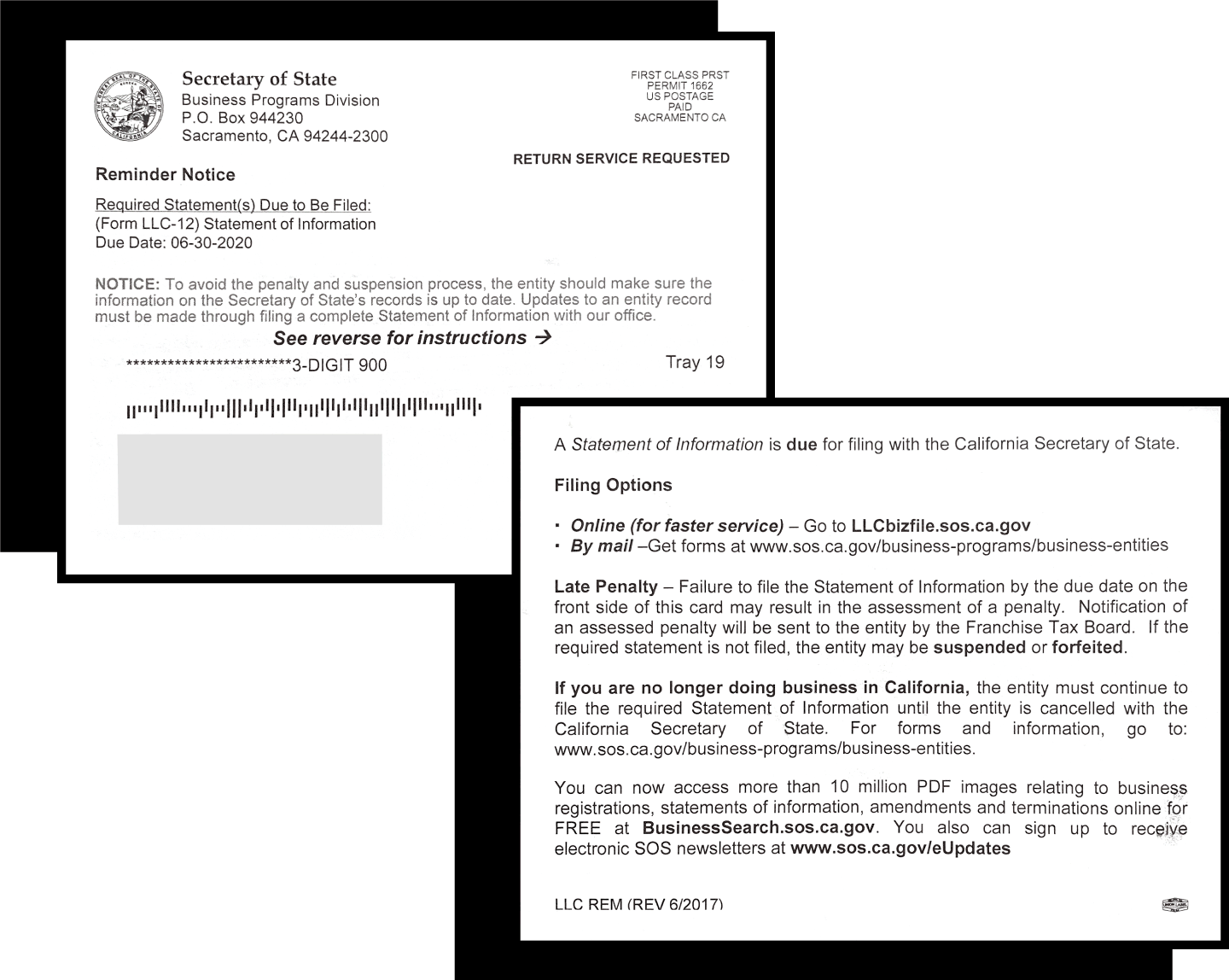 Reminder notice postcard - California Secretary of State - Statement of Information filing